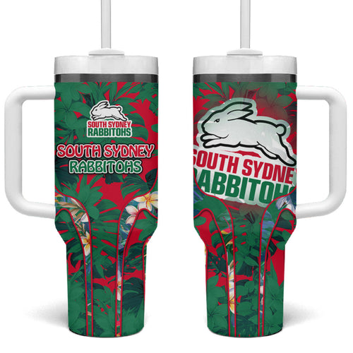 South Sydney Rabbitohs Tumbler With Handle Tropical Hibiscus Floral Pattern With Green And Red Accents