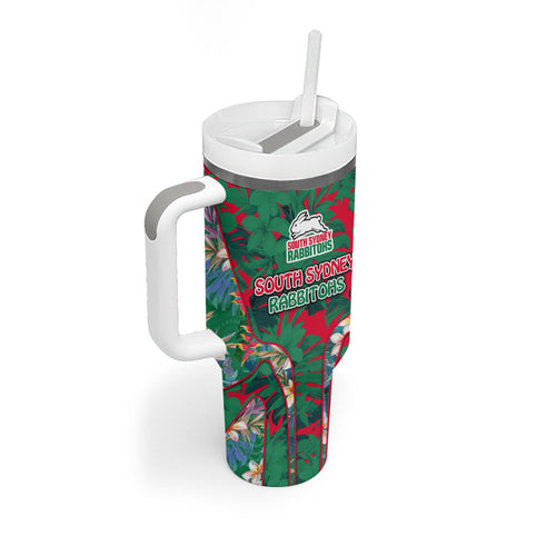 South Sydney Rabbitohs Tumbler With Handle Tropical Hibiscus Floral Pattern With Green And Red Accents