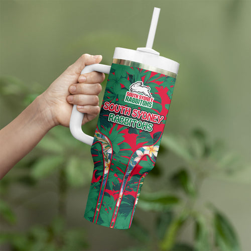 South Sydney Rabbitohs Tumbler With Handle Tropical Hibiscus Floral Pattern With Green And Red Accents