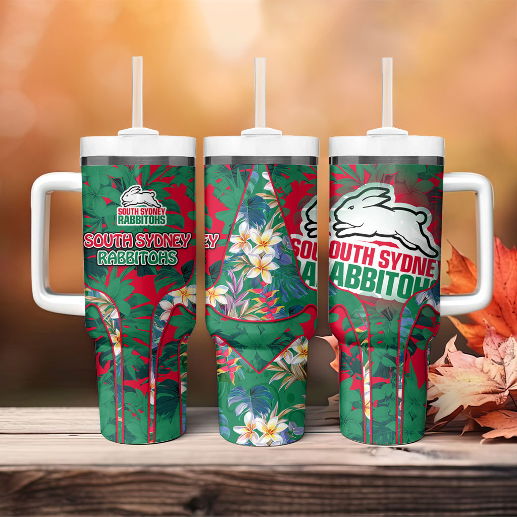 South Sydney Rabbitohs Tumbler With Handle Tropical Hibiscus Floral Pattern With Green And Red Accents