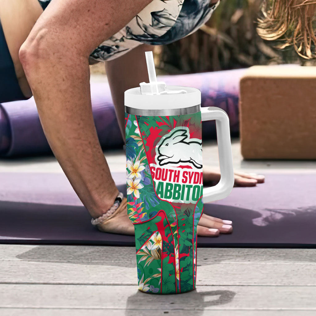 South Sydney Rabbitohs Tumbler With Handle Tropical Hibiscus Floral Pattern With Green And Red Accents