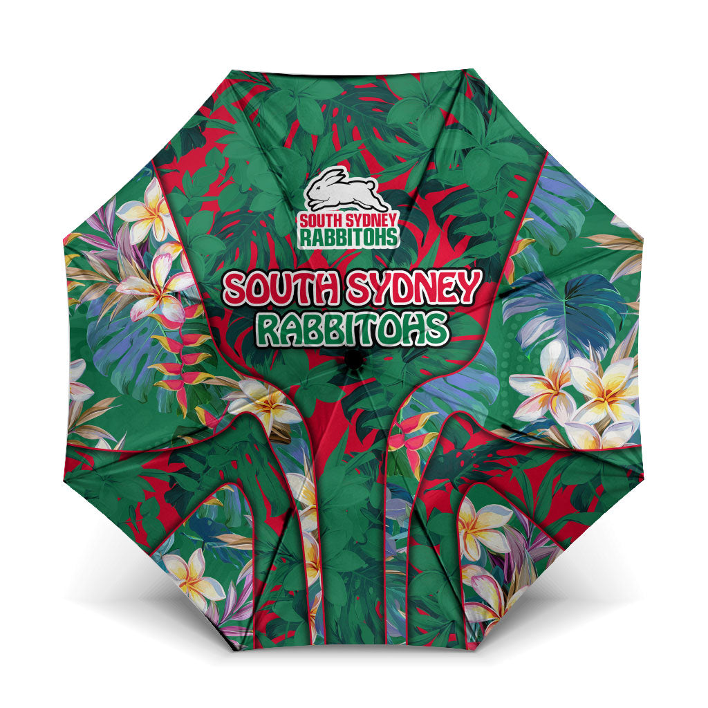 South Sydney Rabbitohs Umbrella Tropical Hibiscus Floral Pattern With Green And Red Accents
