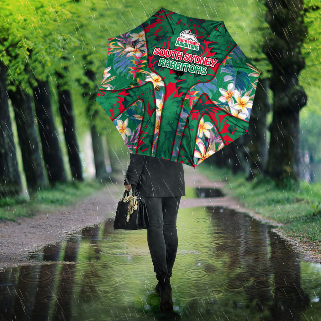 South Sydney Rabbitohs Umbrella Tropical Hibiscus Floral Pattern With Green And Red Accents