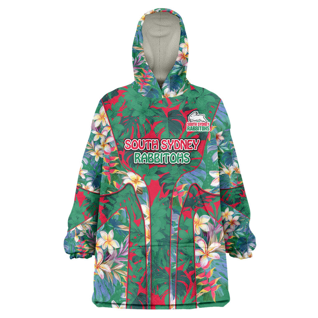 South Sydney Rabbitohs Wearable Blanket Hoodie Tropical Hibiscus Floral Pattern With Green And Red Accents