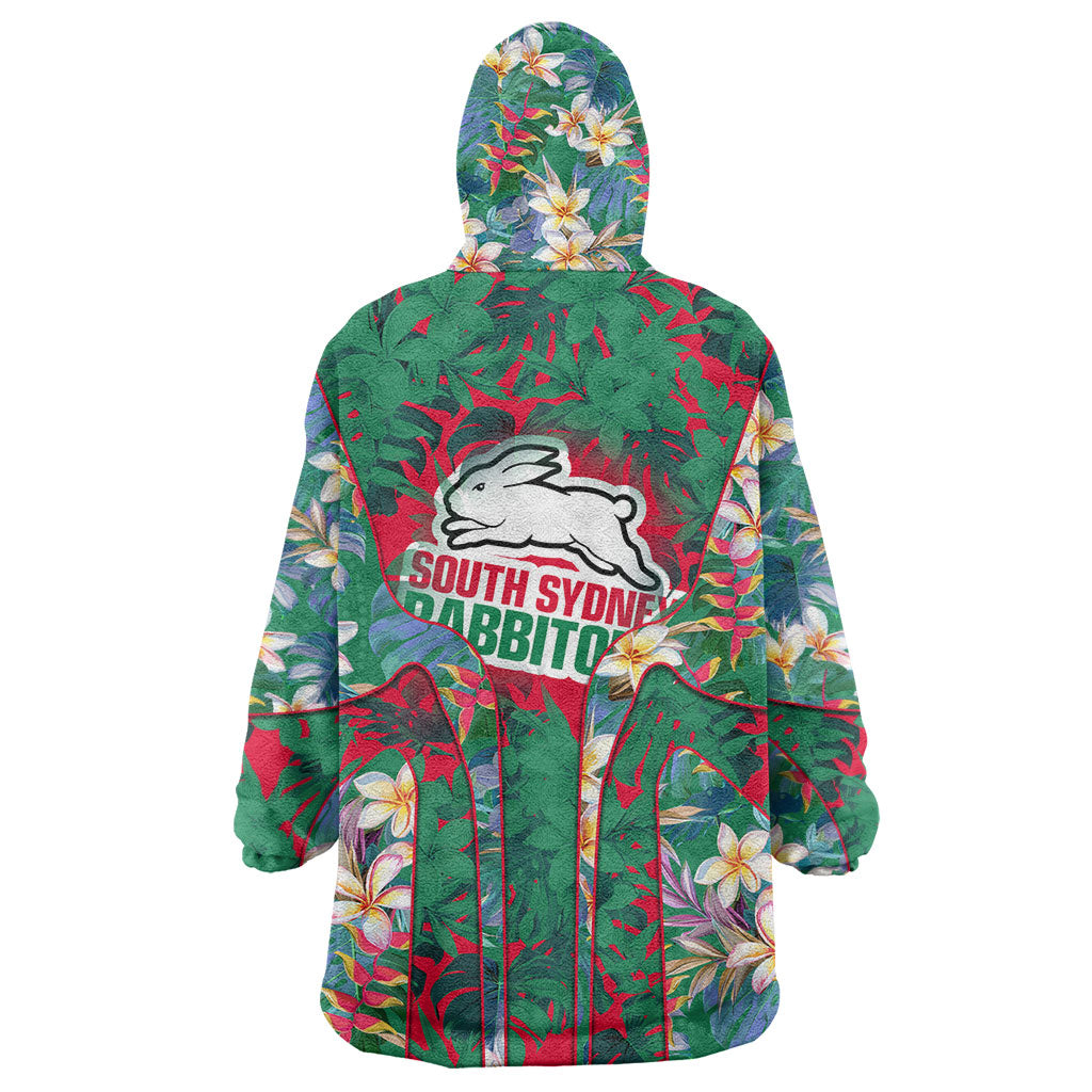 South Sydney Rabbitohs Wearable Blanket Hoodie Tropical Hibiscus Floral Pattern With Green And Red Accents