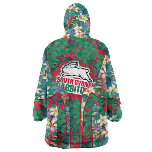 South Sydney Rabbitohs Wearable Blanket Hoodie Tropical Hibiscus Floral Pattern With Green And Red Accents