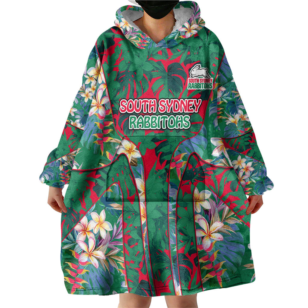 South Sydney Rabbitohs Wearable Blanket Hoodie Tropical Hibiscus Floral Pattern With Green And Red Accents