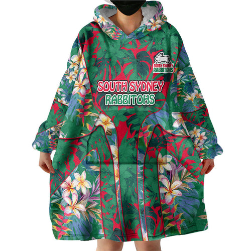 South Sydney Rabbitohs Wearable Blanket Hoodie Tropical Hibiscus Floral Pattern With Green And Red Accents