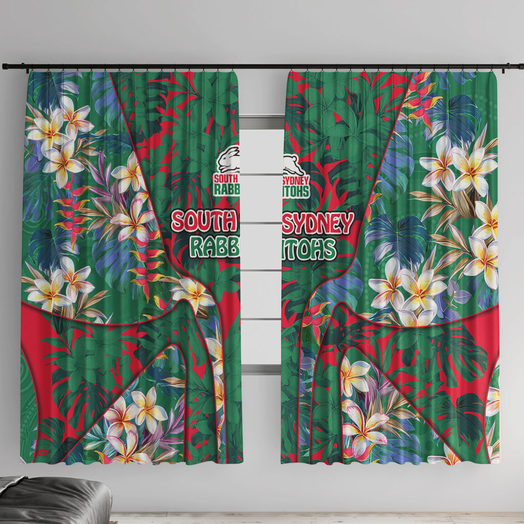 South Sydney Rabbitohs Window Curtain Tropical Hibiscus Floral Pattern With Green And Red Accents