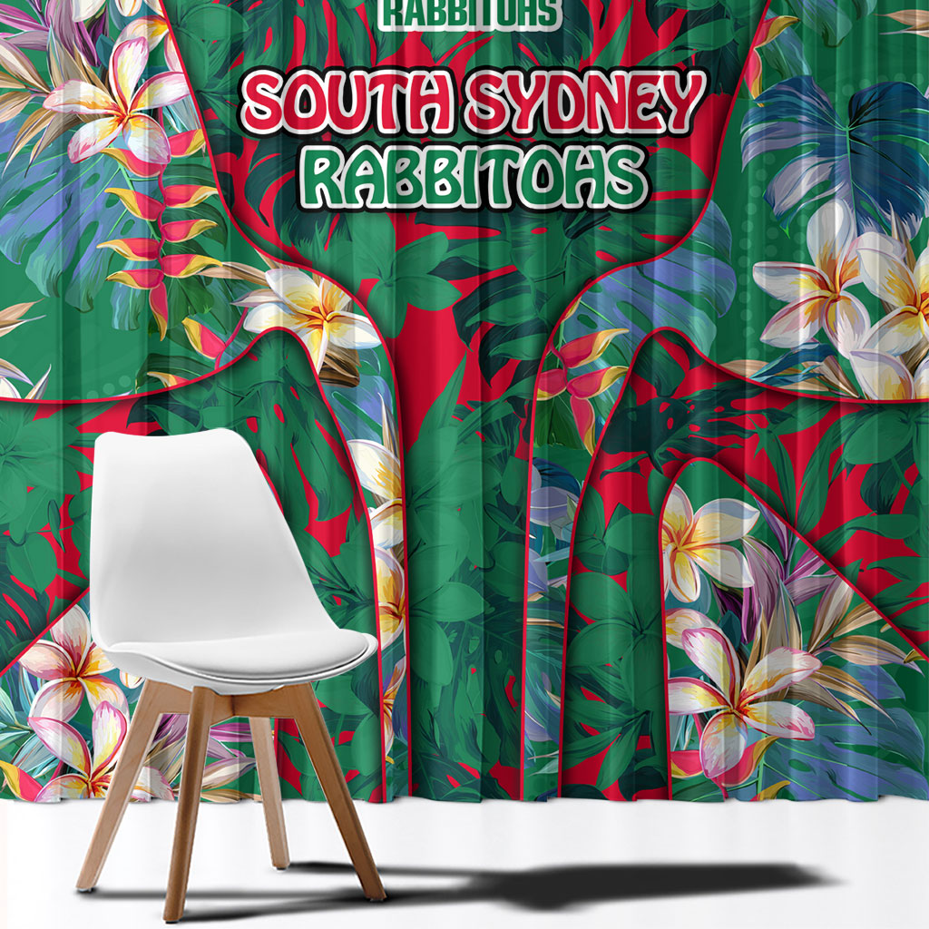 South Sydney Rabbitohs Window Curtain Tropical Hibiscus Floral Pattern With Green And Red Accents