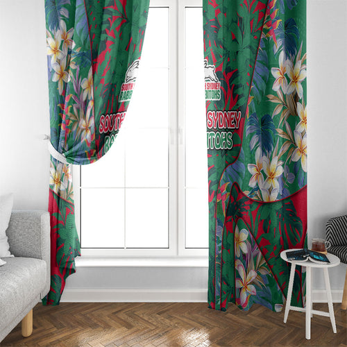 South Sydney Rabbitohs Window Curtain Tropical Hibiscus Floral Pattern With Green And Red Accents