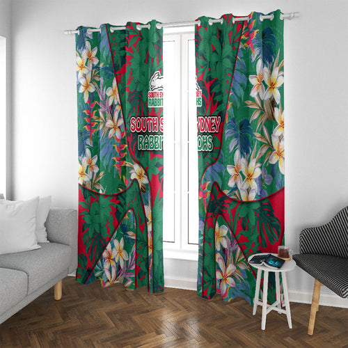 South Sydney Rabbitohs Window Curtain Tropical Hibiscus Floral Pattern With Green And Red Accents
