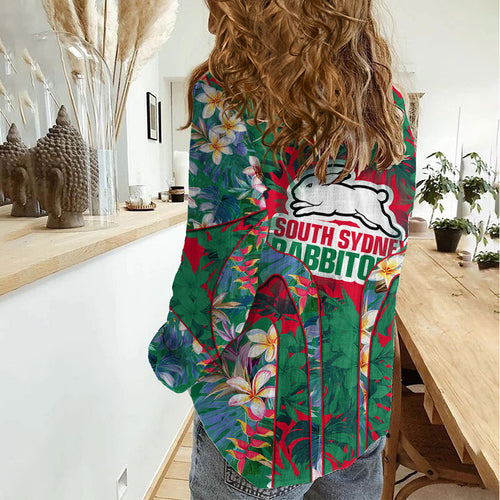 South Sydney Rabbitohs Women Casual Shirt Tropical Hibiscus Floral Pattern With Green And Red Accents