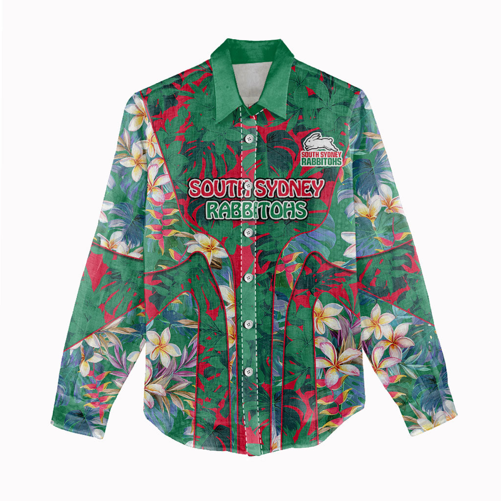 South Sydney Rabbitohs Women Casual Shirt Tropical Hibiscus Floral Pattern With Green And Red Accents
