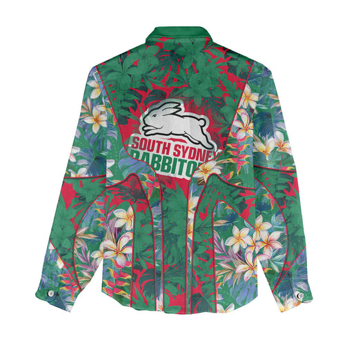 South Sydney Rabbitohs Women Casual Shirt Tropical Hibiscus Floral Pattern With Green And Red Accents