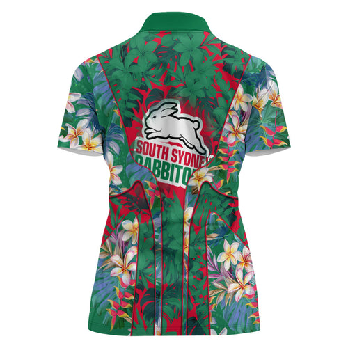 South Sydney Rabbitohs Women Polo Shirt Tropical Hibiscus Floral Pattern With Green And Red Accents