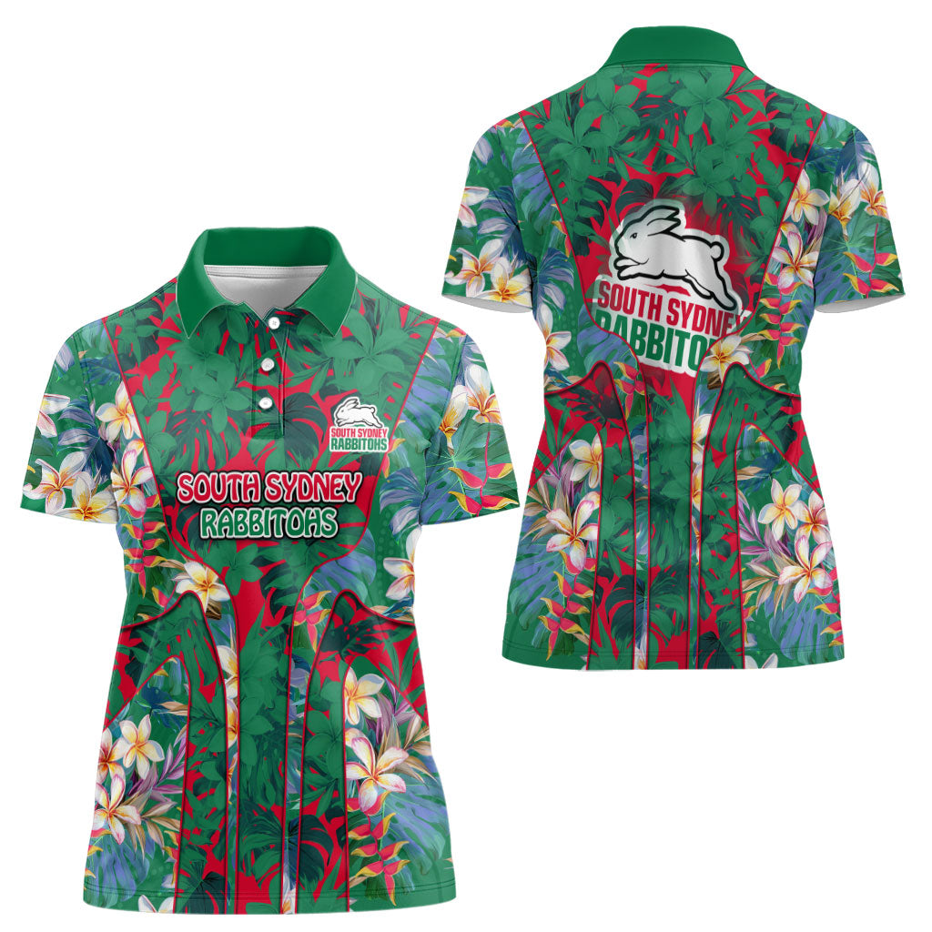 South Sydney Rabbitohs Women Polo Shirt Tropical Hibiscus Floral Pattern With Green And Red Accents