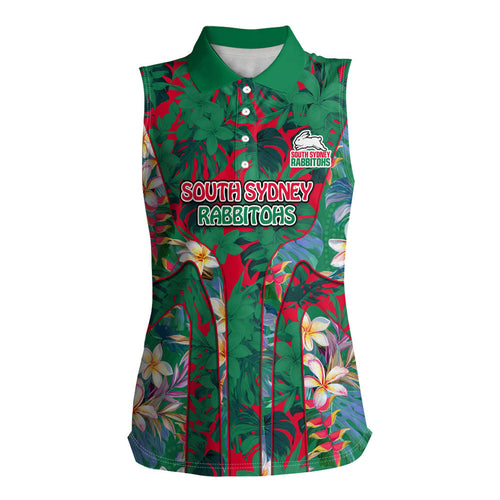 South Sydney Rabbitohs Women Sleeveless Polo Shirt Tropical Hibiscus Floral Pattern With Green And Red Accents