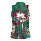 South Sydney Rabbitohs Women Sleeveless Polo Shirt Tropical Hibiscus Floral Pattern With Green And Red Accents