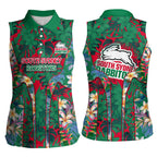 South Sydney Rabbitohs Women Sleeveless Polo Shirt Tropical Hibiscus Floral Pattern With Green And Red Accents