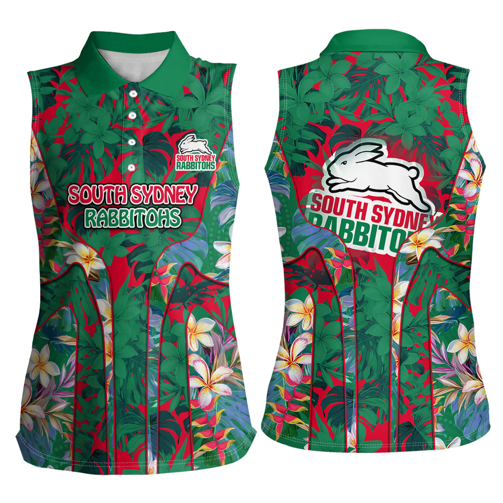 South Sydney Rabbitohs Women Sleeveless Polo Shirt Tropical Hibiscus Floral Pattern With Green And Red Accents