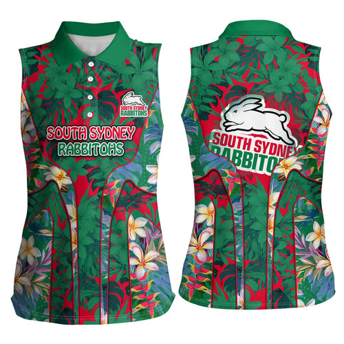 South Sydney Rabbitohs Women Sleeveless Polo Shirt Tropical Hibiscus Floral Pattern With Green And Red Accents