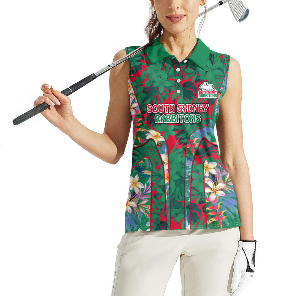 South Sydney Rabbitohs Women Sleeveless Polo Shirt Tropical Hibiscus Floral Pattern With Green And Red Accents
