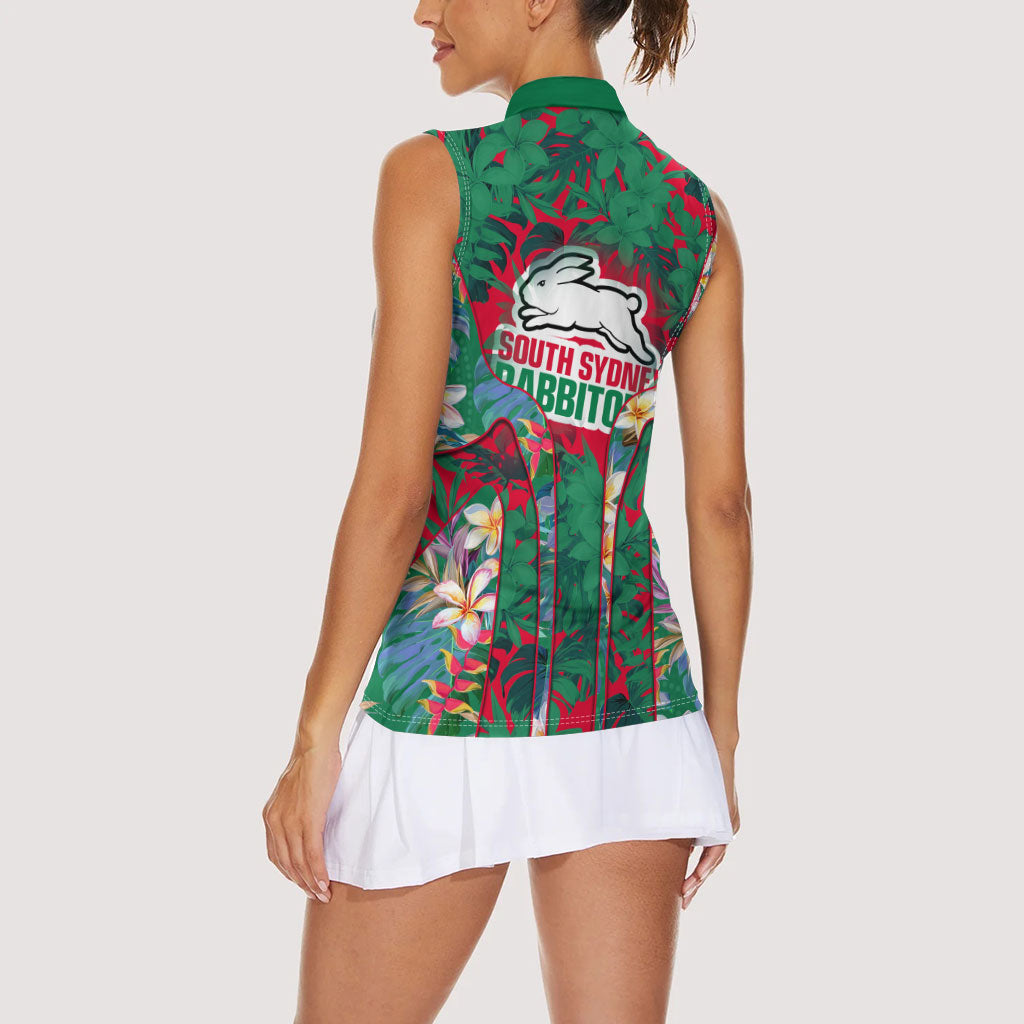 South Sydney Rabbitohs Women Sleeveless Polo Shirt Tropical Hibiscus Floral Pattern With Green And Red Accents
