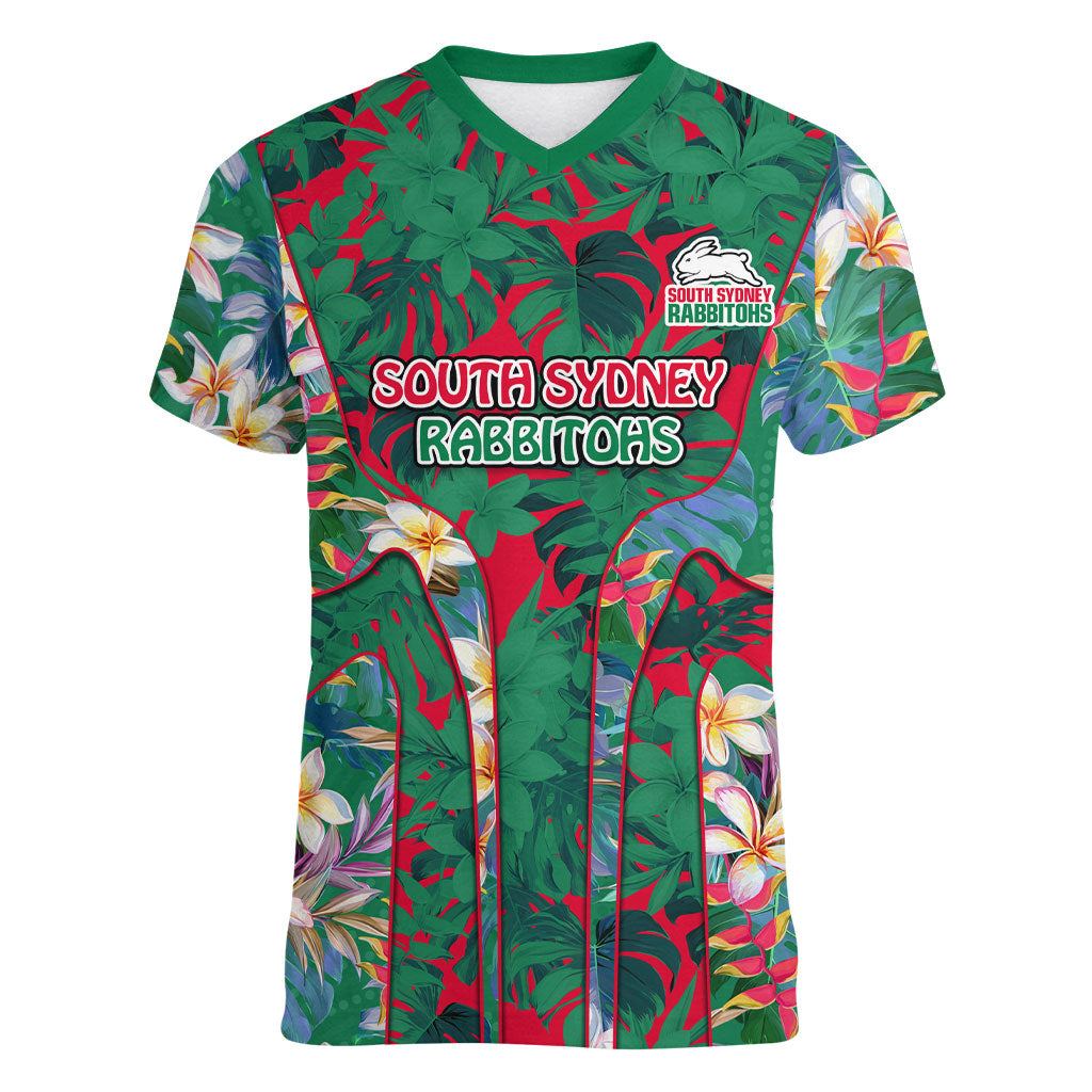 South Sydney Rabbitohs Women V-Neck T-Shirt Tropical Hibiscus Floral Pattern With Green And Red Accents