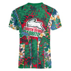 South Sydney Rabbitohs Women V-Neck T-Shirt Tropical Hibiscus Floral Pattern With Green And Red Accents