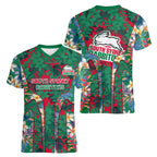 South Sydney Rabbitohs Women V-Neck T-Shirt Tropical Hibiscus Floral Pattern With Green And Red Accents