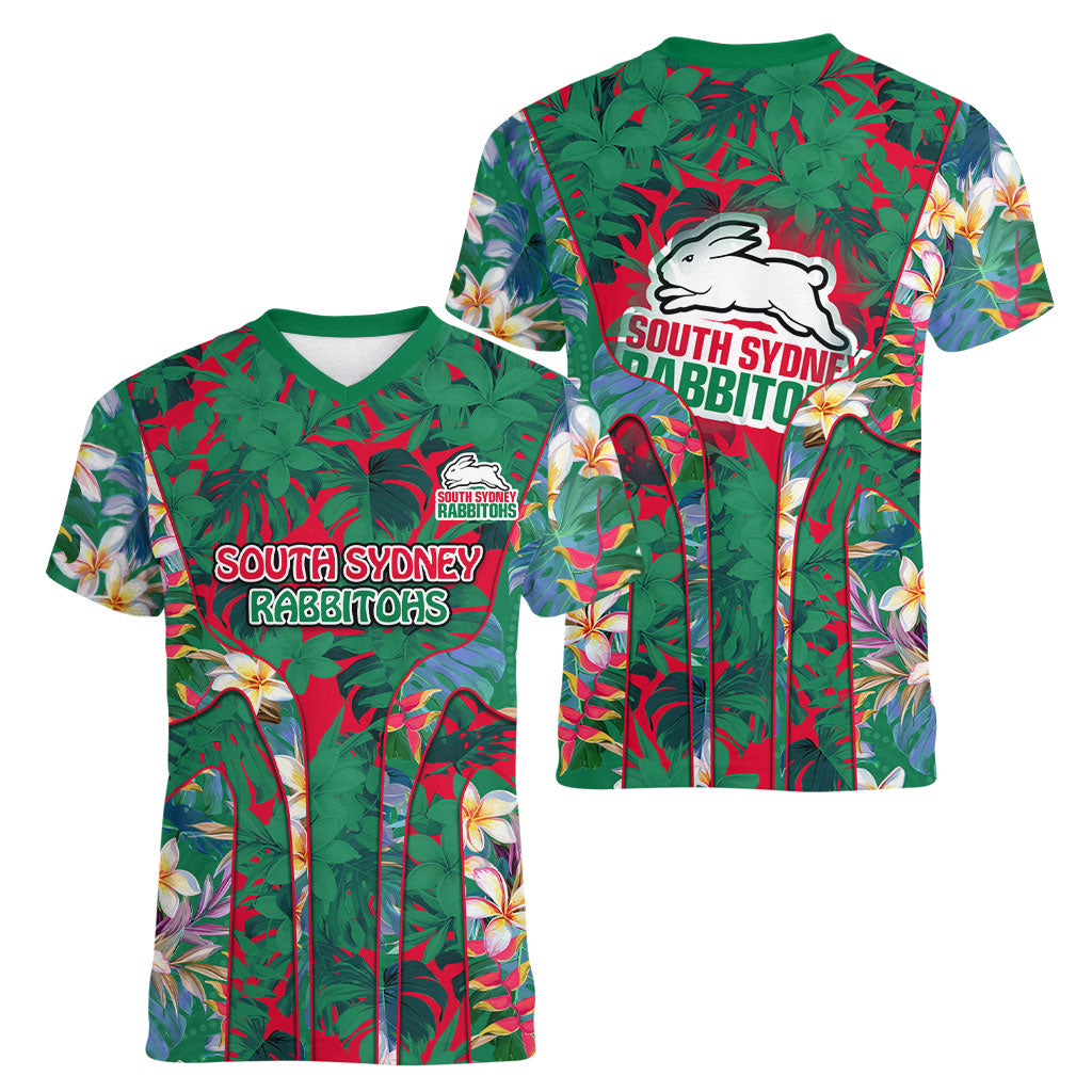 South Sydney Rabbitohs Women V-Neck T-Shirt Tropical Hibiscus Floral Pattern With Green And Red Accents