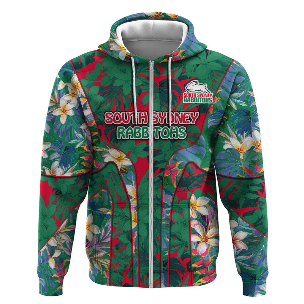 South Sydney Rabbitohs Zip Hoodie Tropical Hibiscus Floral Pattern With Green And Red Accents