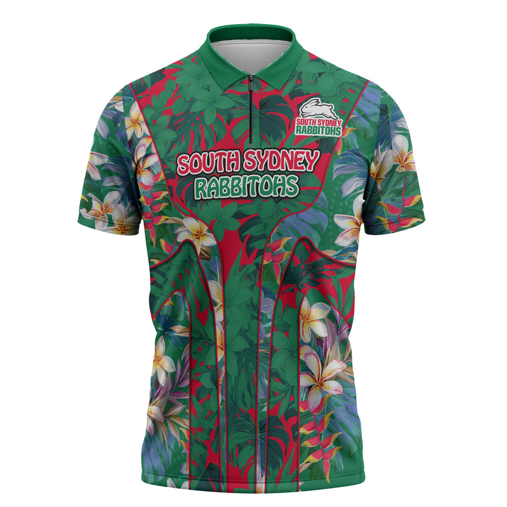 South Sydney Rabbitohs Zipper Polo Shirt Tropical Hibiscus Floral Pattern With Green And Red Accents