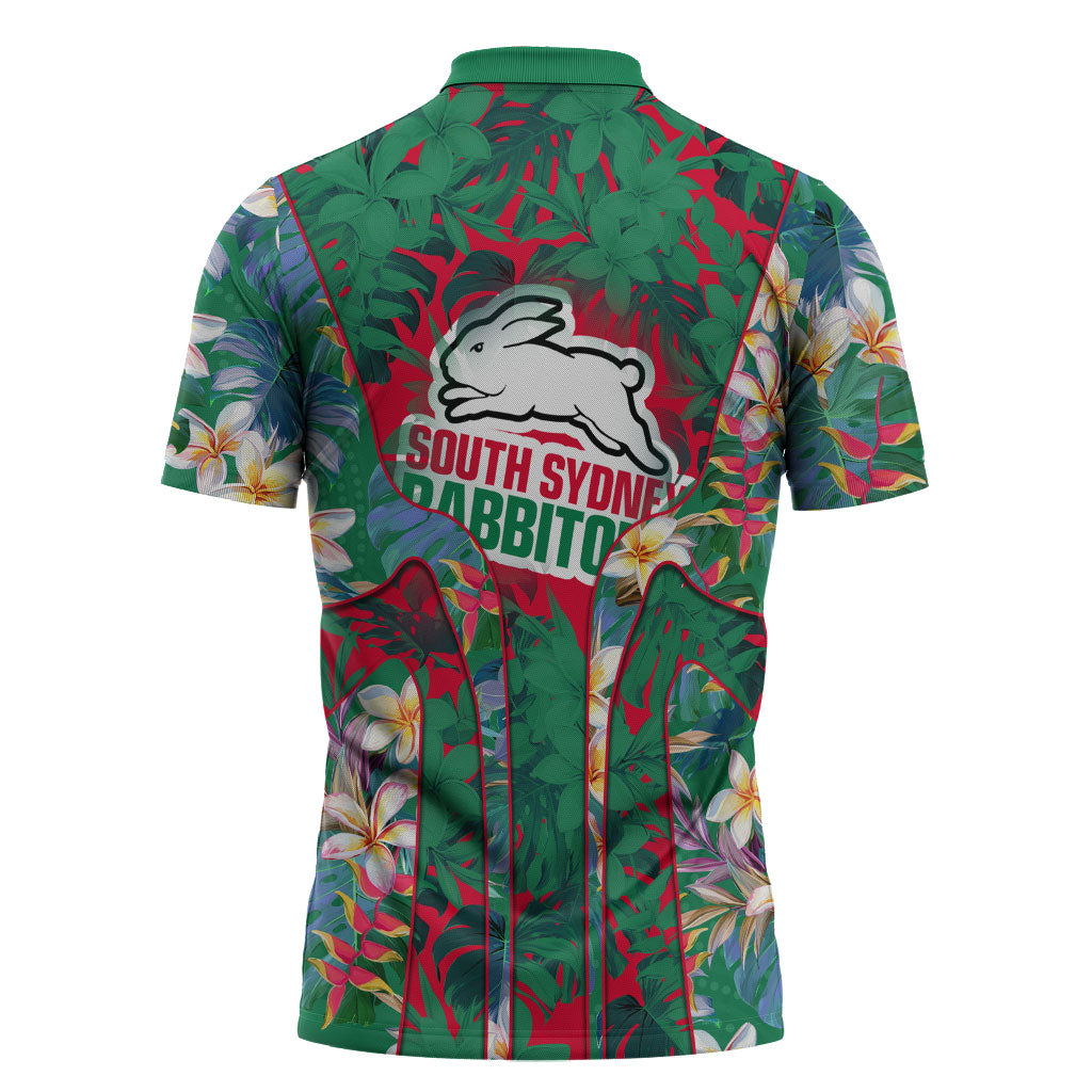 South Sydney Rabbitohs Zipper Polo Shirt Tropical Hibiscus Floral Pattern With Green And Red Accents