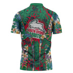South Sydney Rabbitohs Zipper Polo Shirt Tropical Hibiscus Floral Pattern With Green And Red Accents