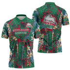 South Sydney Rabbitohs Zipper Polo Shirt Tropical Hibiscus Floral Pattern With Green And Red Accents