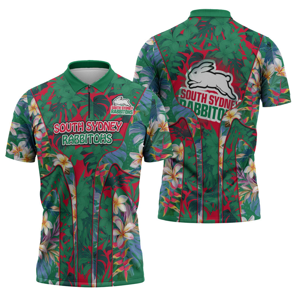 South Sydney Rabbitohs Zipper Polo Shirt Tropical Hibiscus Floral Pattern With Green And Red Accents