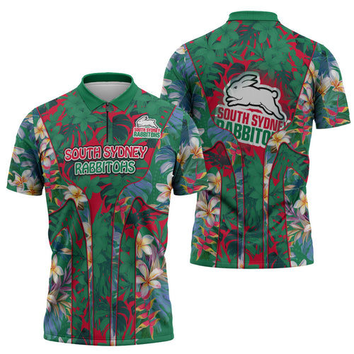 South Sydney Rabbitohs Zipper Polo Shirt Tropical Hibiscus Floral Pattern With Green And Red Accents