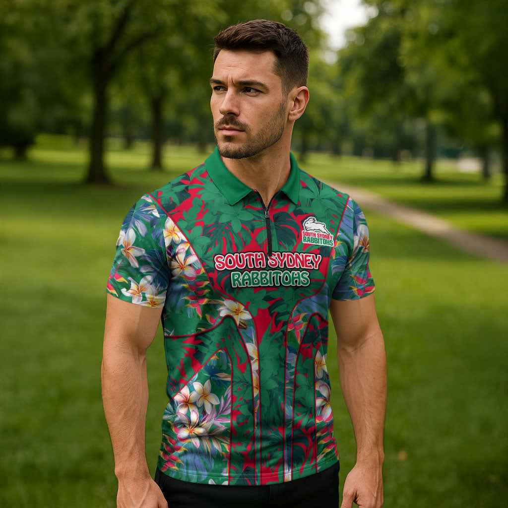 South Sydney Rabbitohs Zipper Polo Shirt Tropical Hibiscus Floral Pattern With Green And Red Accents