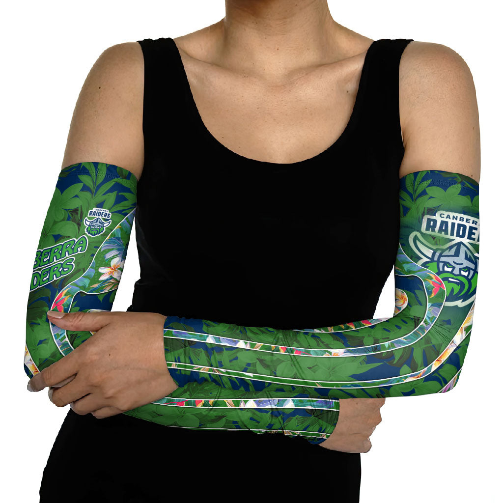 Canberra Raiders Arm Sleeves Tropical Hibiscus Floral Pattern With Green And Navy Accents