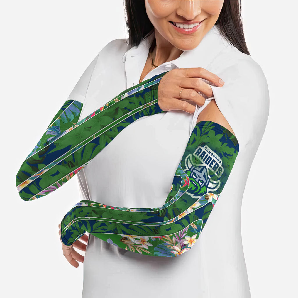 Canberra Raiders Arm Sleeves Tropical Hibiscus Floral Pattern With Green And Navy Accents