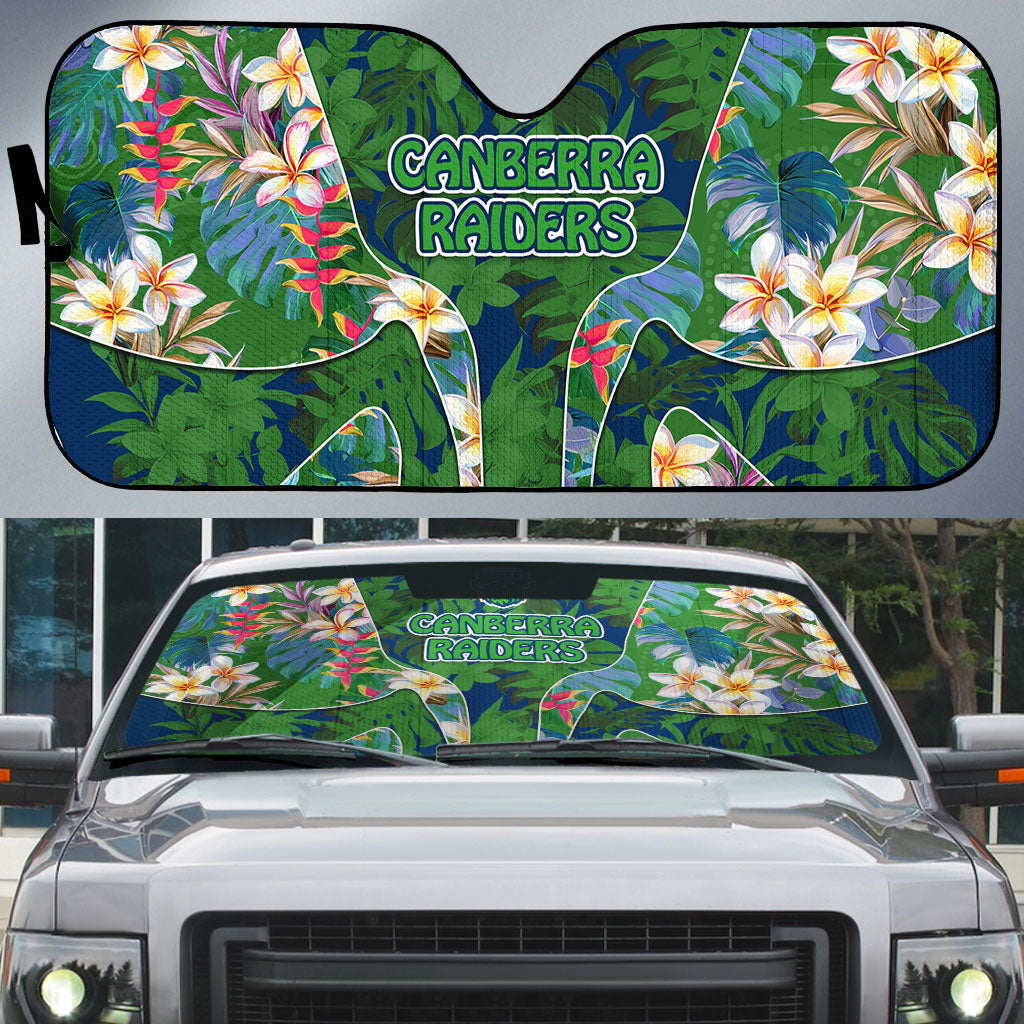 Canberra Raiders Auto Sun Shade Tropical Hibiscus Floral Pattern With Green And Navy Accents