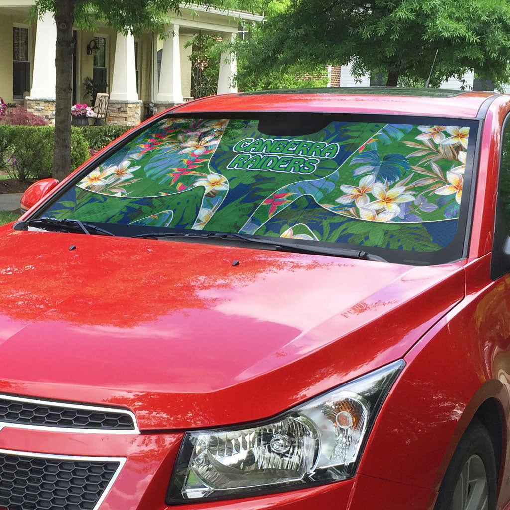 Canberra Raiders Auto Sun Shade Tropical Hibiscus Floral Pattern With Green And Navy Accents