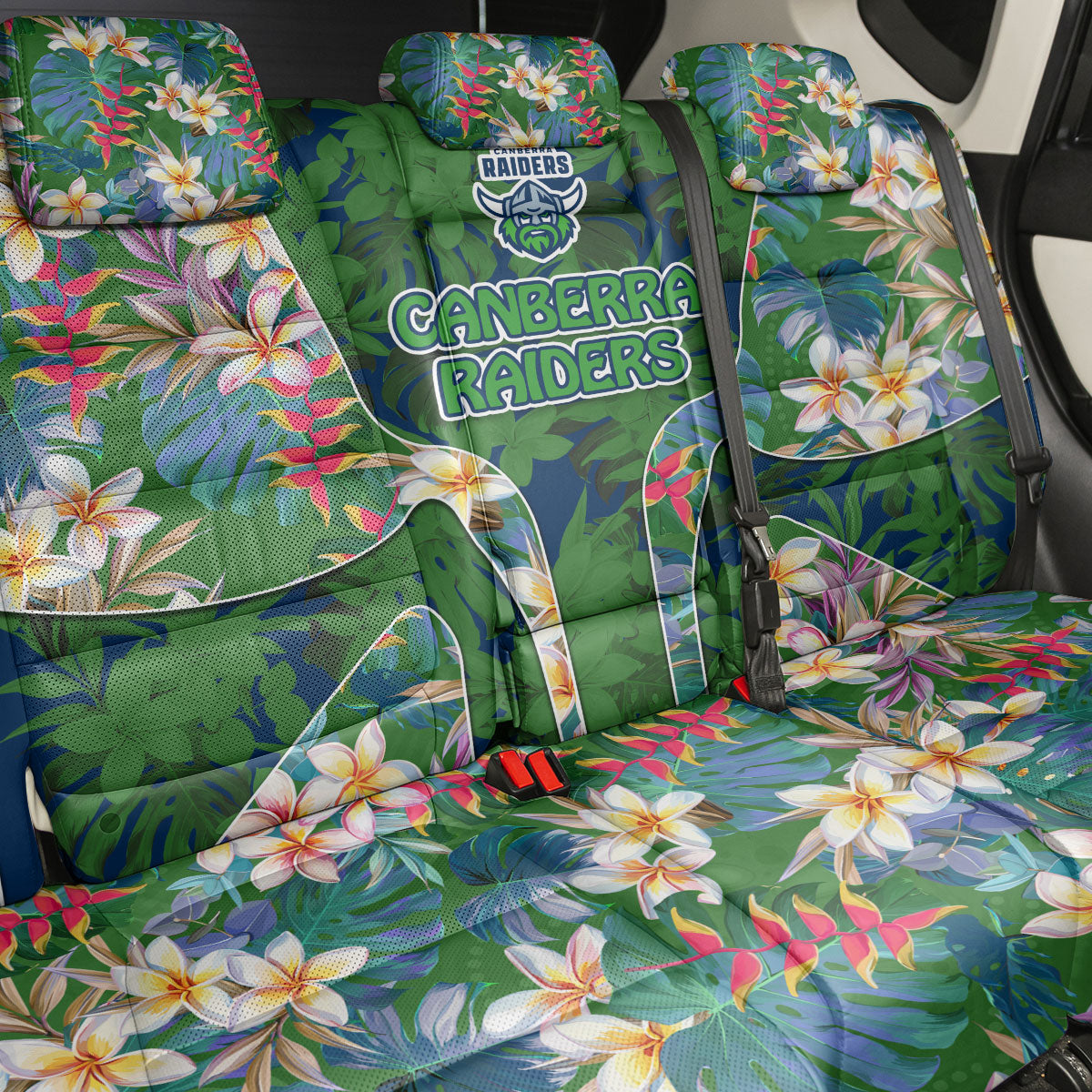 Canberra Raiders Back Car Seat Cover Tropical Hibiscus Floral Pattern With Green And Navy Accents