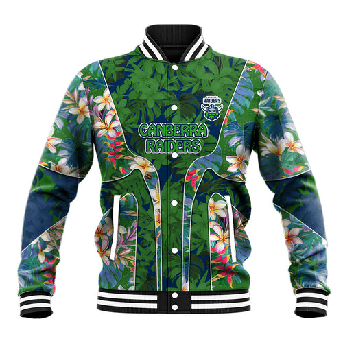 Canberra Raiders Baseball Jacket Tropical Hibiscus Floral Pattern With Green And Navy Accents