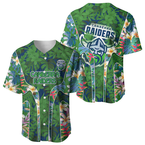 Canberra Raiders Baseball Jersey Tropical Hibiscus Floral Pattern With Green And Navy Accents