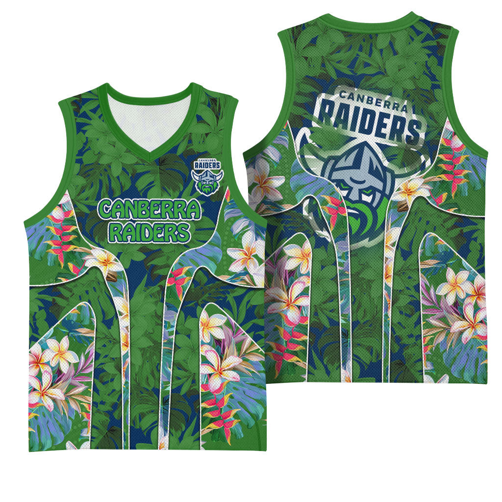 Canberra Raiders Basketball Jersey Tropical Hibiscus Floral Pattern With Green And Navy Accents