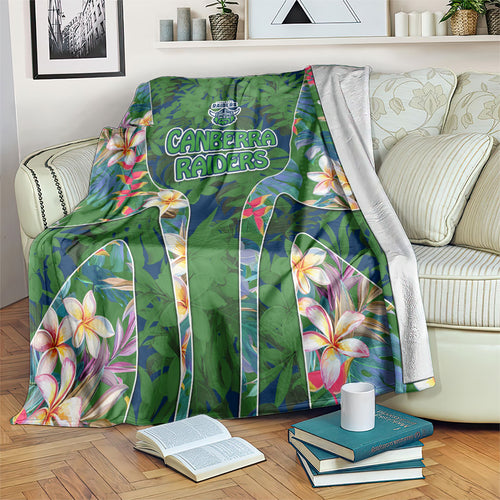 Canberra Raiders Blanket Tropical Hibiscus Floral Pattern With Green And Navy Accents