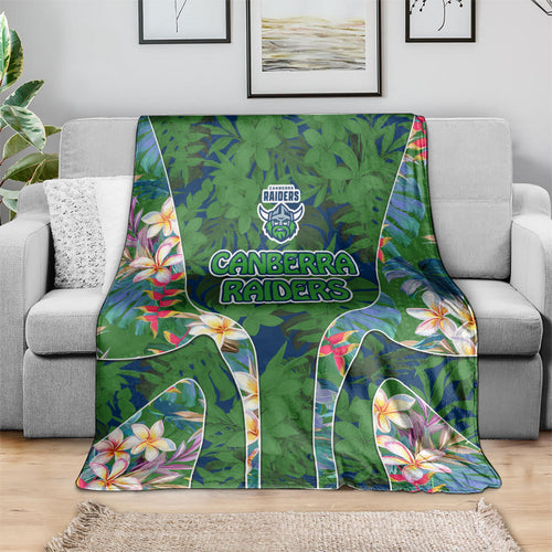 Canberra Raiders Blanket Tropical Hibiscus Floral Pattern With Green And Navy Accents